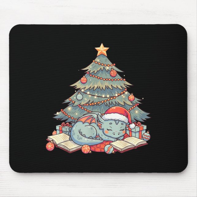 Cute Christmas Dragon Sleeng Under Tree Books Love Mouse Pad (Front)