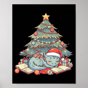 Cute Christmas Dragon Sleeng Under Tree Books Love Poster