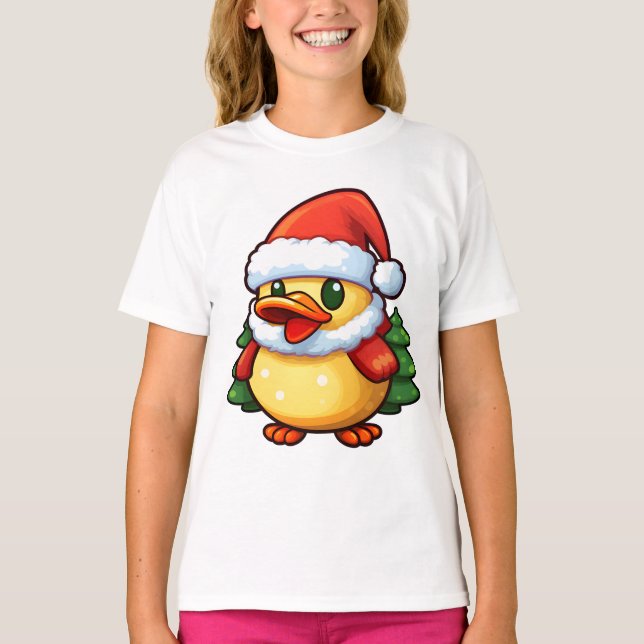 Cute Christmas Duck in Santa hat T-Shirt (Front)