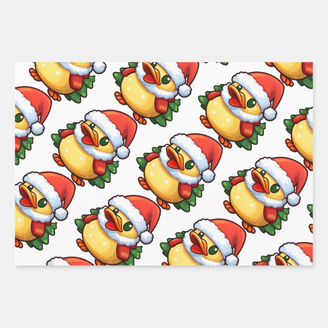 Cute Christmas Duck in Santa hat Wrapping Paper Sheet (Front 3)