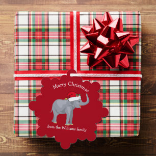 Cute Christmas Elephant in Santa Hat Custom Red Tree Decoration Card