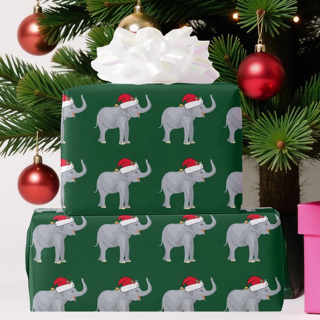 Cute Christmas Elephant in Santa Hat Green Holiday Wrapping Paper (Creator Uploaded)