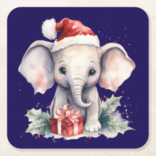 Cute Christmas Elephant Square Paper Coaster