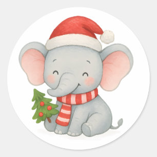 Cute Christmas Elephant with Santa Hat Classic Round Sticker