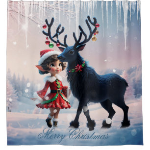 Cute Christmas elf and dark reindeer. Shower Curtain