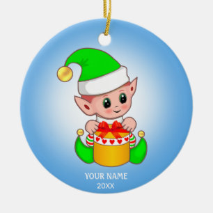 Cute Christmas elf and your text Ceramic Tree Decoration