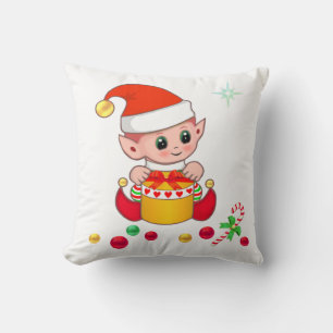 Cute Christmas Elf, Candy Cane & Christmas Balls Cushion