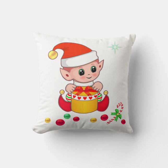 Cute Christmas Elf, Candy Cane & Christmas Balls Cushion (Front)