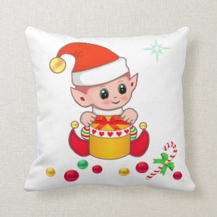 Cute Christmas Elf, Candy Cane & Christmas Balls Cushion