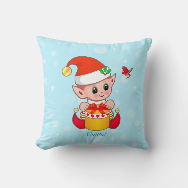 Cute Christmas Elf & Cardinal Bird on Turquoise Cushion (Front)