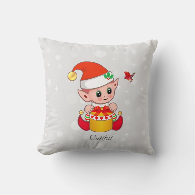 Cute Christmas Elf & Cardinal Red Bird on Silver Cushion (Front)