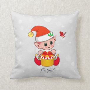 Cute Christmas Elf & Cardinal Red Bird on Silver Cushion