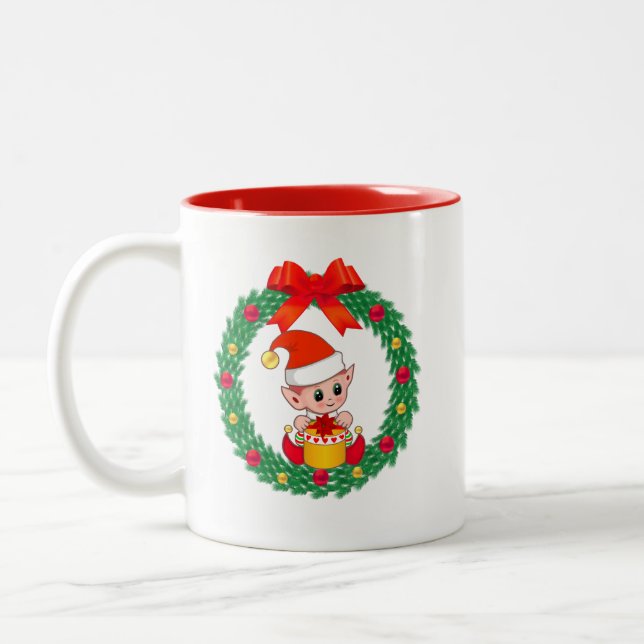 Cute Christmas Elf & Christmas Wreath Two-Tone Coffee Mug (Left)