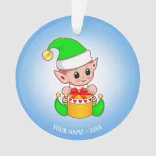 Cute Christmas Elf, Custom Name on Light Blue Ornament