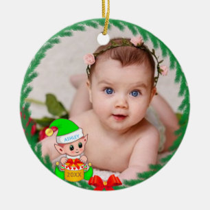 Cute Christmas Elf & Custom Photo Ceramic Tree Decoration
