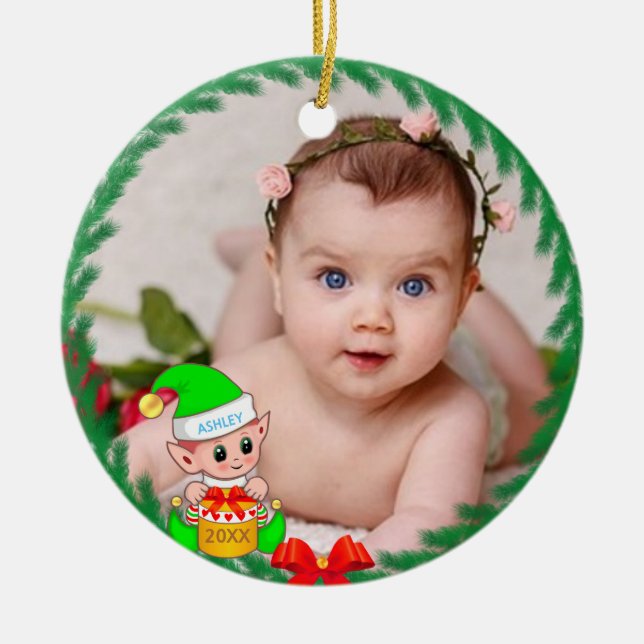 Cute Christmas Elf & Custom Photo Ceramic Tree Decoration (Front)