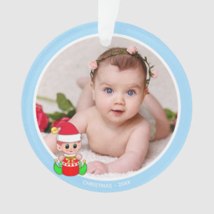 Cute Christmas Elf & Custom Photo on Light Blue Ornament