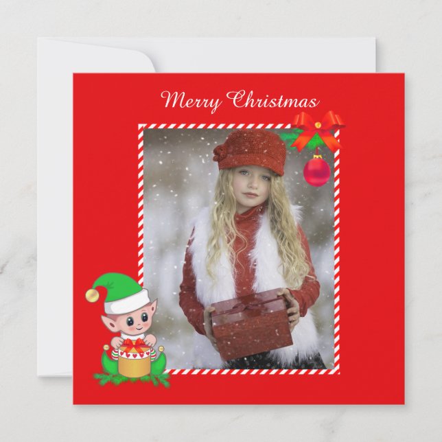 Cute Christmas Elf & Custom Photo on Red (Front)