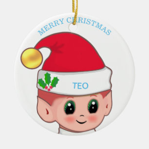 Cute Christmas Elf & Custom Text Ceramic Tree Decoration