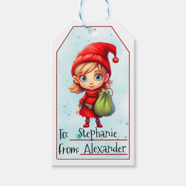 Cute Christmas Elf | Custom To & From (4) Gift Tags (Front)