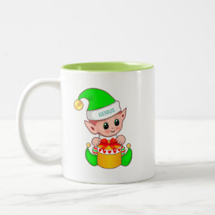 Cute Christmas Elf & Editable Genius Text Two-Tone Coffee Mug