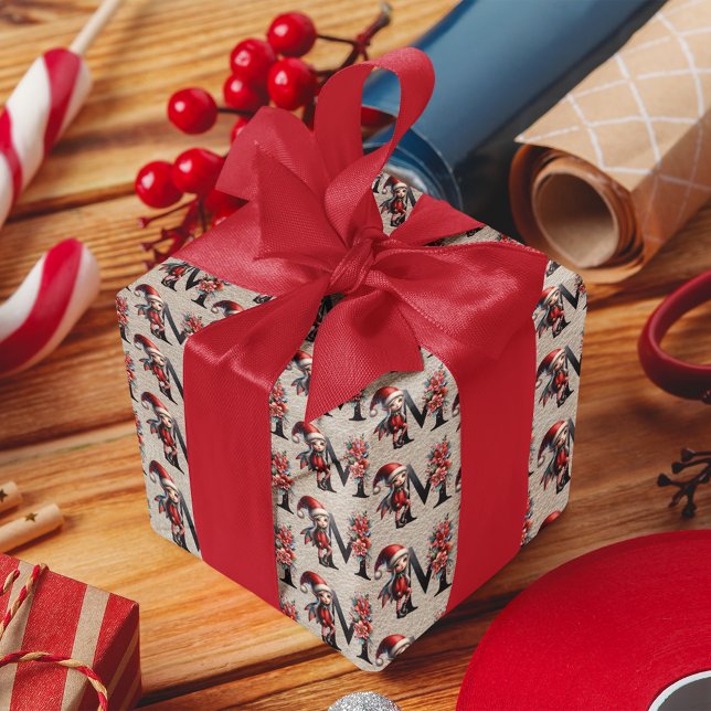 Cute Christmas Elf Festive Letter M Wrapping Paper (Creator Uploaded)