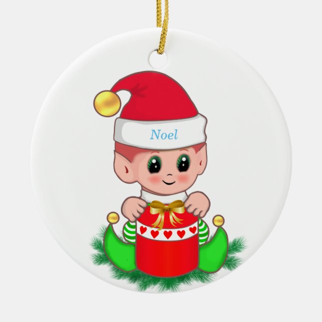 Cute Christmas Elf & Gift Box Ceramic Tree Decoration (Front)