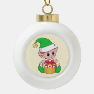 Cute Christmas elf & gift box on ivory Ceramic Ball Christmas Ornament