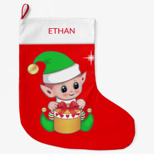 Cute Christmas elf & gift box on red Large Christmas Stocking