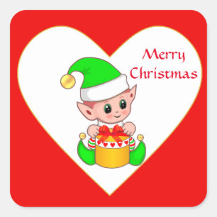 Cute Christmas Elf & Gift Box on Red & White Square Sticker