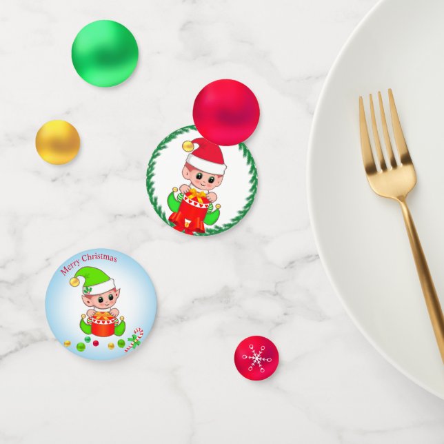 Cute Christmas Elf & Golden Green Red Confetti (Group)