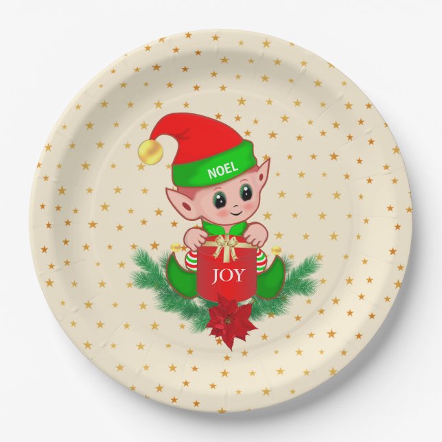Cute Christmas Elf & Golden Stars on Light Beige Paper Plate (Front)