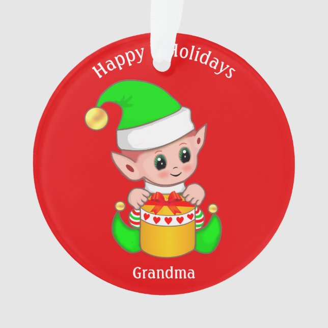 Cute Christmas Elf & Happy Holidays Grandma on Red Ornament (Front)