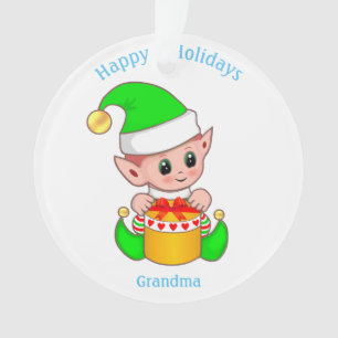 Cute Christmas Elf & Happy Holidays Grandma Ornament