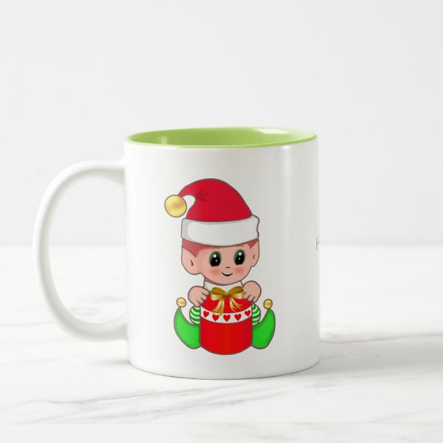 Cute Christmas Elf & Happy Time Calligraphy Two-Tone Coffee Mug (Left)