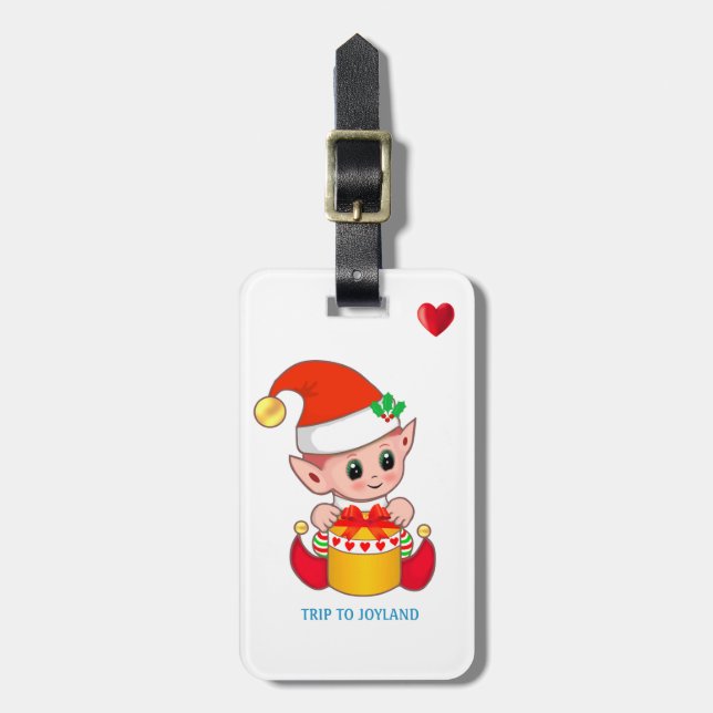 Cute Christmas Elf & Heart on White Luggage Tag (Front Vertical)