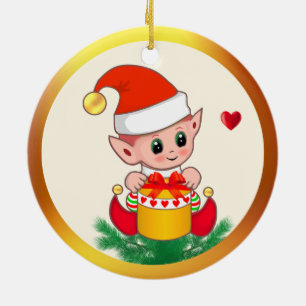 Cute Christmas Elf & Hearts Ceramic Tree Decoration
