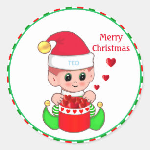 Cute Christmas Elf & Hearts Classic Round Sticker