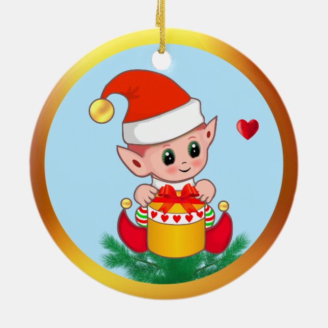 Cute Christmas Elf & Hearts on Sky Blue Ceramic Tree Decoration (Back)