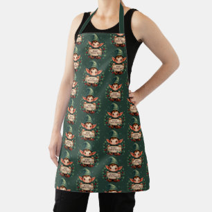 Cute Christmas Elf Holding Merry Sign Green Apron