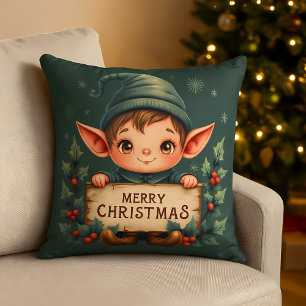 Cute Christmas Elf Holding Merry Sign Green Cushion