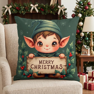 Cute Christmas Elf Holding Merry Sign Green Cushion
