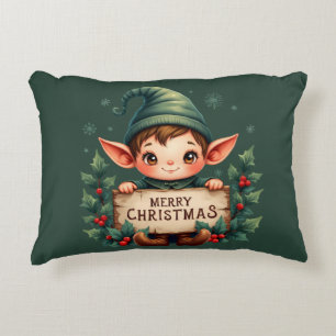 Cute Christmas Elf Holding Merry Sign Green Decorative Cushion