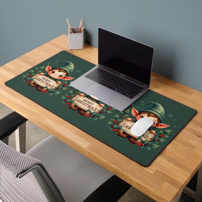 Cute Christmas Elf Holding Merry Sign Green Desk Mat (Office 2)