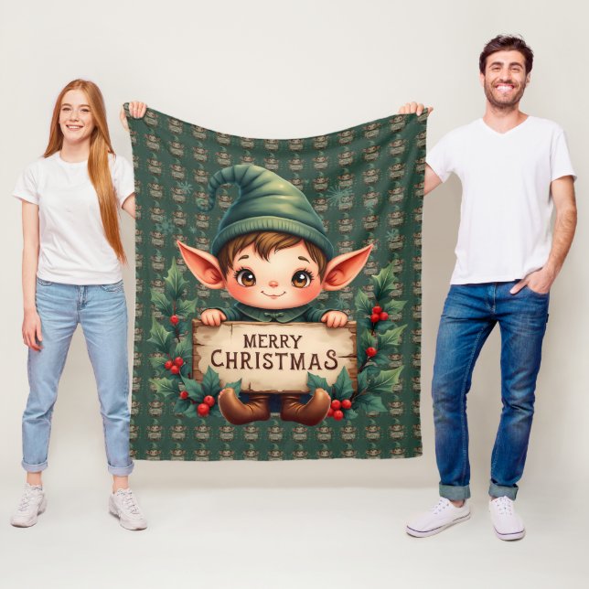 Cute Christmas Elf Holding Merry Sign Green Fleece Blanket (In Situ)