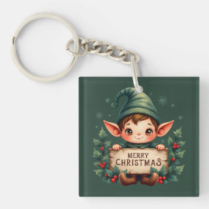 Cute Christmas Elf Holding Merry Sign Green Key Ring