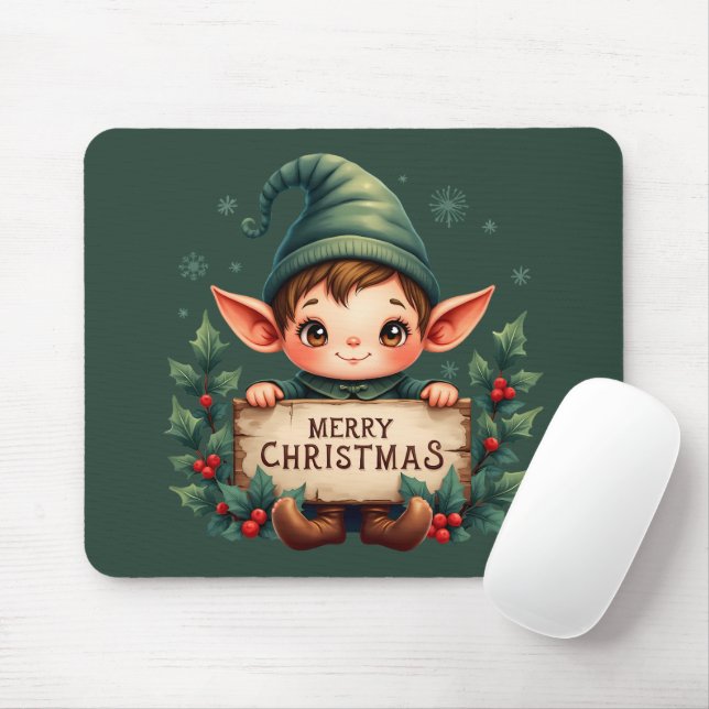 Cute Christmas Elf Holding Merry Sign Green Mouse Pad (With Mouse)