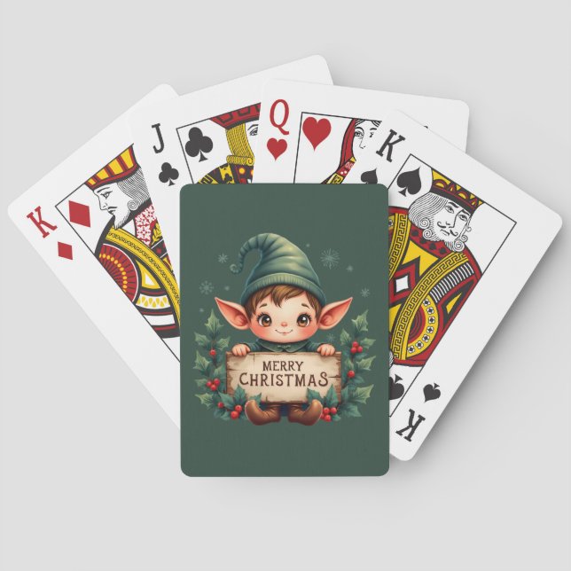 Cute Christmas Elf Holding Merry Sign Green Playing Cards (Back)