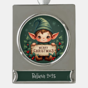 Cute Christmas Elf Holding Merry Sign Green Silver Plated Banner Ornament