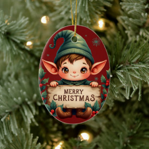 Cute Christmas Elf Holding Merry Sign Red Ceramic Tree Decoration